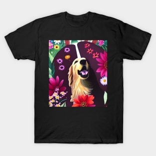 Golden Retriever Dog Puppy Whimsical Portrait Hiding in Wildflowers Secret Garden Digital Art Watercolor Painting T-Shirt